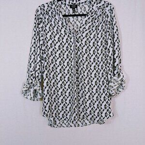 Jones New York Blue & Gray Roll Tab Sleeve Blouse Size L